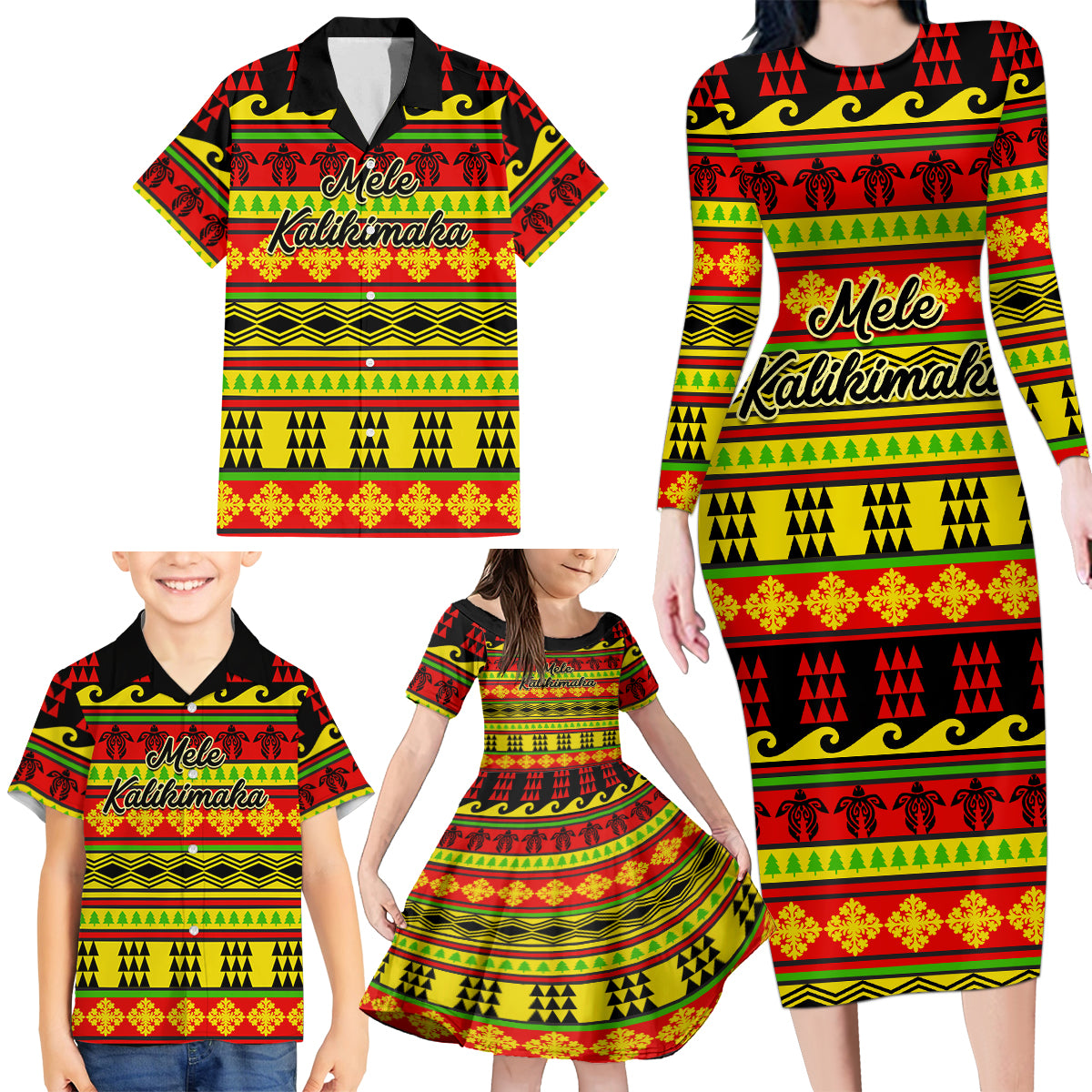 Custom Hawaii Christmas Family Matching Long Sleeve Bodycon Dress and Hawaiian Shirt Hawaiian Quilt Pattern Reggae Version - Wonder Print Shop
