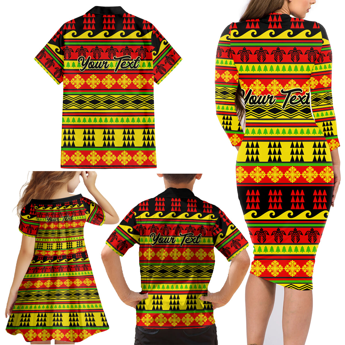 Custom Hawaii Christmas Family Matching Long Sleeve Bodycon Dress and Hawaiian Shirt Hawaiian Quilt Pattern Reggae Version - Wonder Print Shop