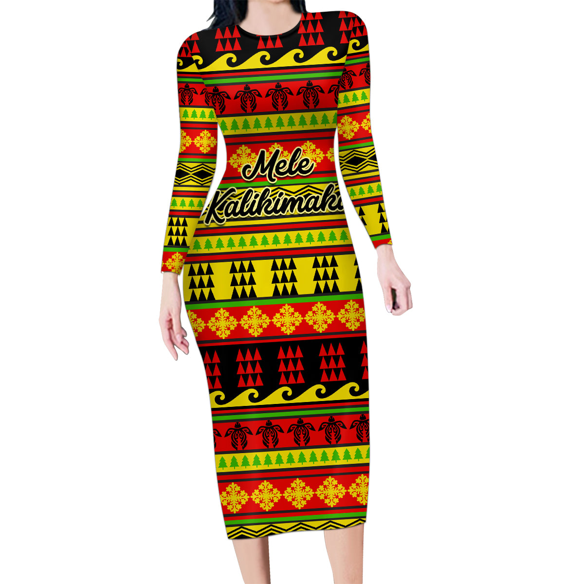 Custom Hawaii Christmas Family Matching Long Sleeve Bodycon Dress and Hawaiian Shirt Hawaiian Quilt Pattern Reggae Version - Wonder Print Shop