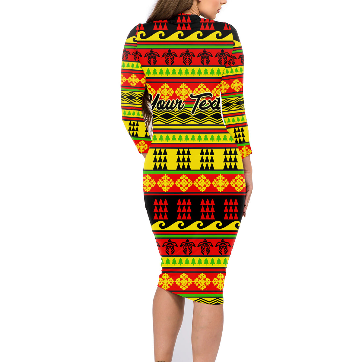 Custom Hawaii Christmas Family Matching Long Sleeve Bodycon Dress and Hawaiian Shirt Hawaiian Quilt Pattern Reggae Version - Wonder Print Shop