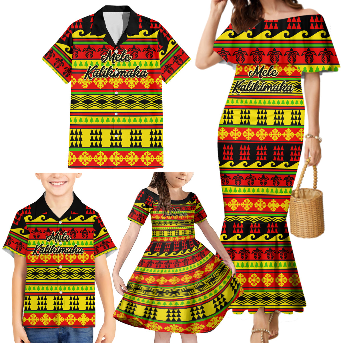 Custom Hawaii Christmas Family Matching Mermaid Dress and Hawaiian Shirt Hawaiian Quilt Pattern Reggae Version - Wonder Print Shop