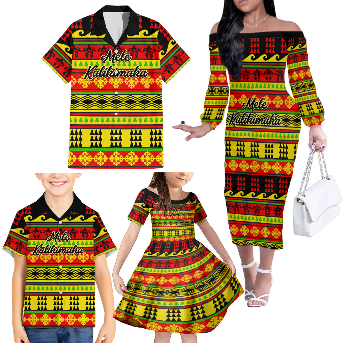 Custom Hawaii Christmas Family Matching Off Shoulder Long Sleeve Dress and Hawaiian Shirt Hawaiian Quilt Pattern Reggae Version - Wonder Print Shop