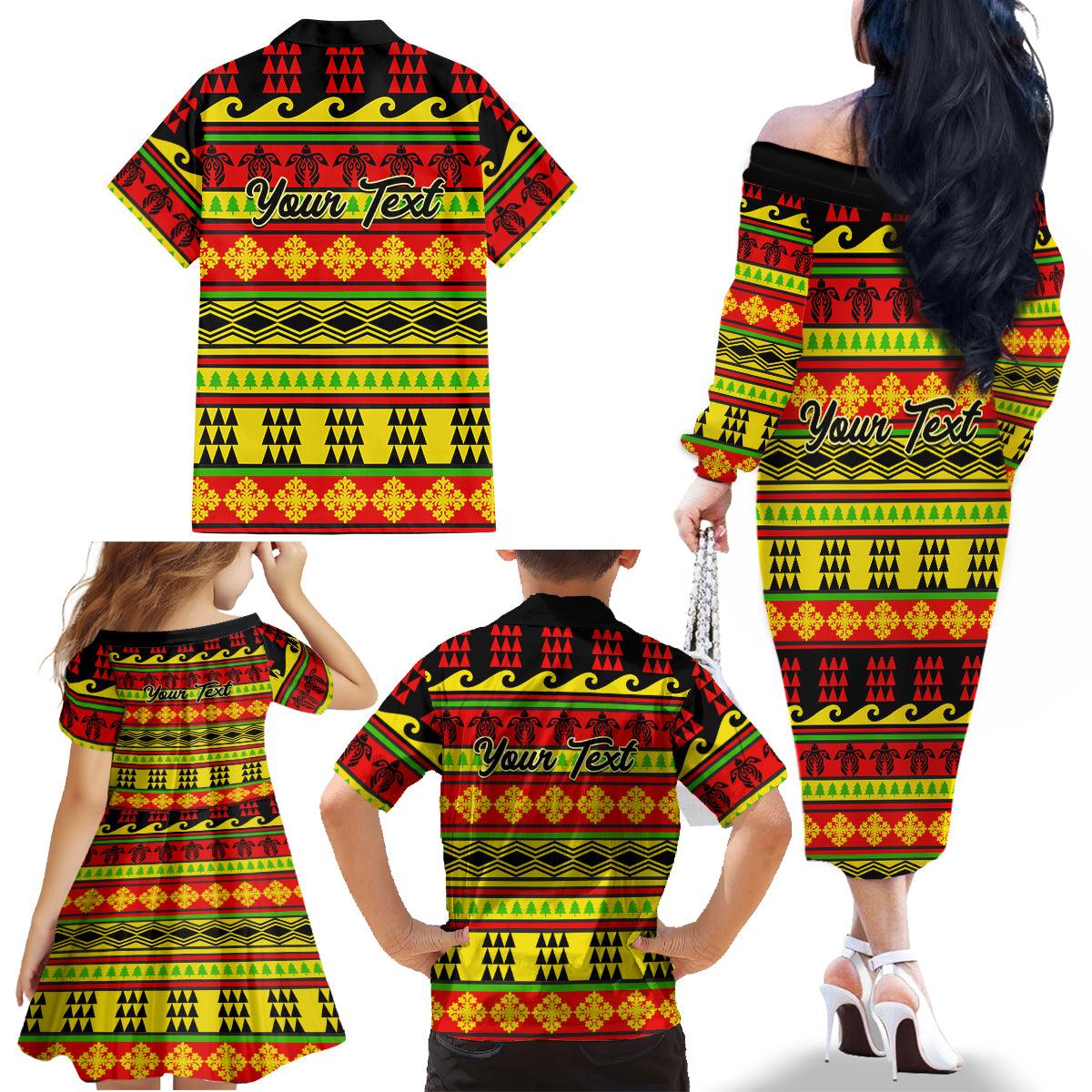 Custom Hawaii Christmas Family Matching Off Shoulder Long Sleeve Dress and Hawaiian Shirt Hawaiian Quilt Pattern Reggae Version - Wonder Print Shop