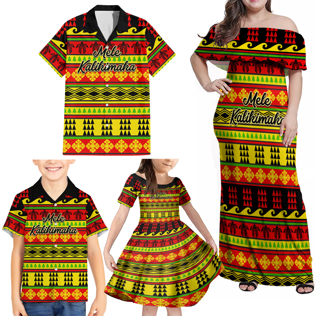 Custom Hawaii Christmas Family Matching Off Shoulder Maxi Dress and Hawaiian Shirt Hawaiian Quilt Pattern Reggae Version - Wonder Print Shop