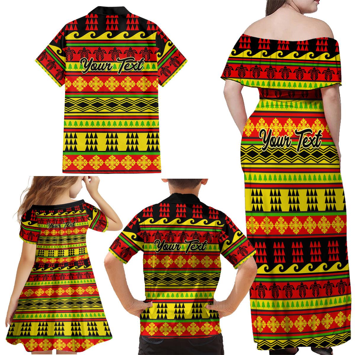 Custom Hawaii Christmas Family Matching Off Shoulder Maxi Dress and Hawaiian Shirt Hawaiian Quilt Pattern Reggae Version - Wonder Print Shop