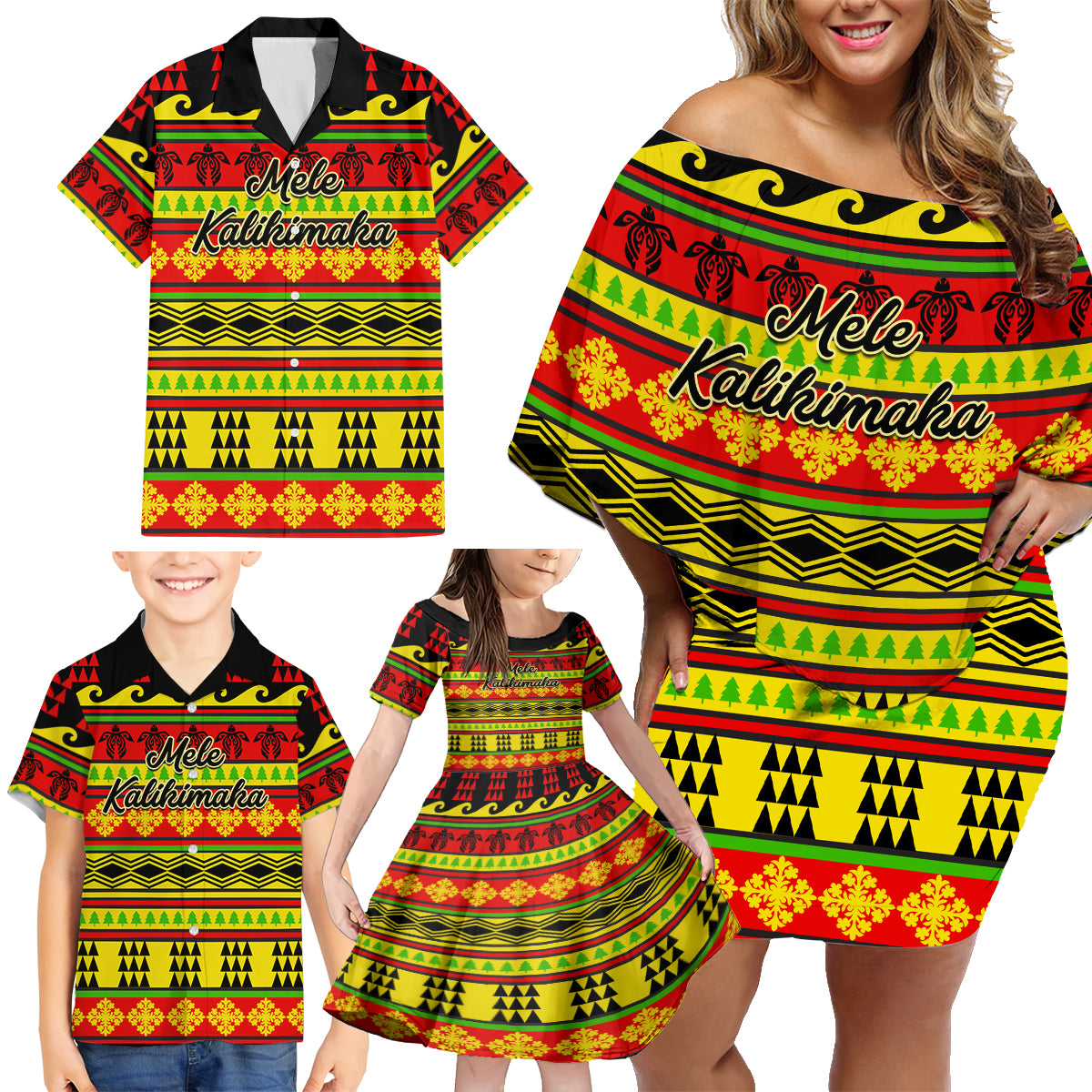 Custom Hawaii Christmas Family Matching Off Shoulder Short Dress and Hawaiian Shirt Hawaiian Quilt Pattern Reggae Version - Wonder Print Shop