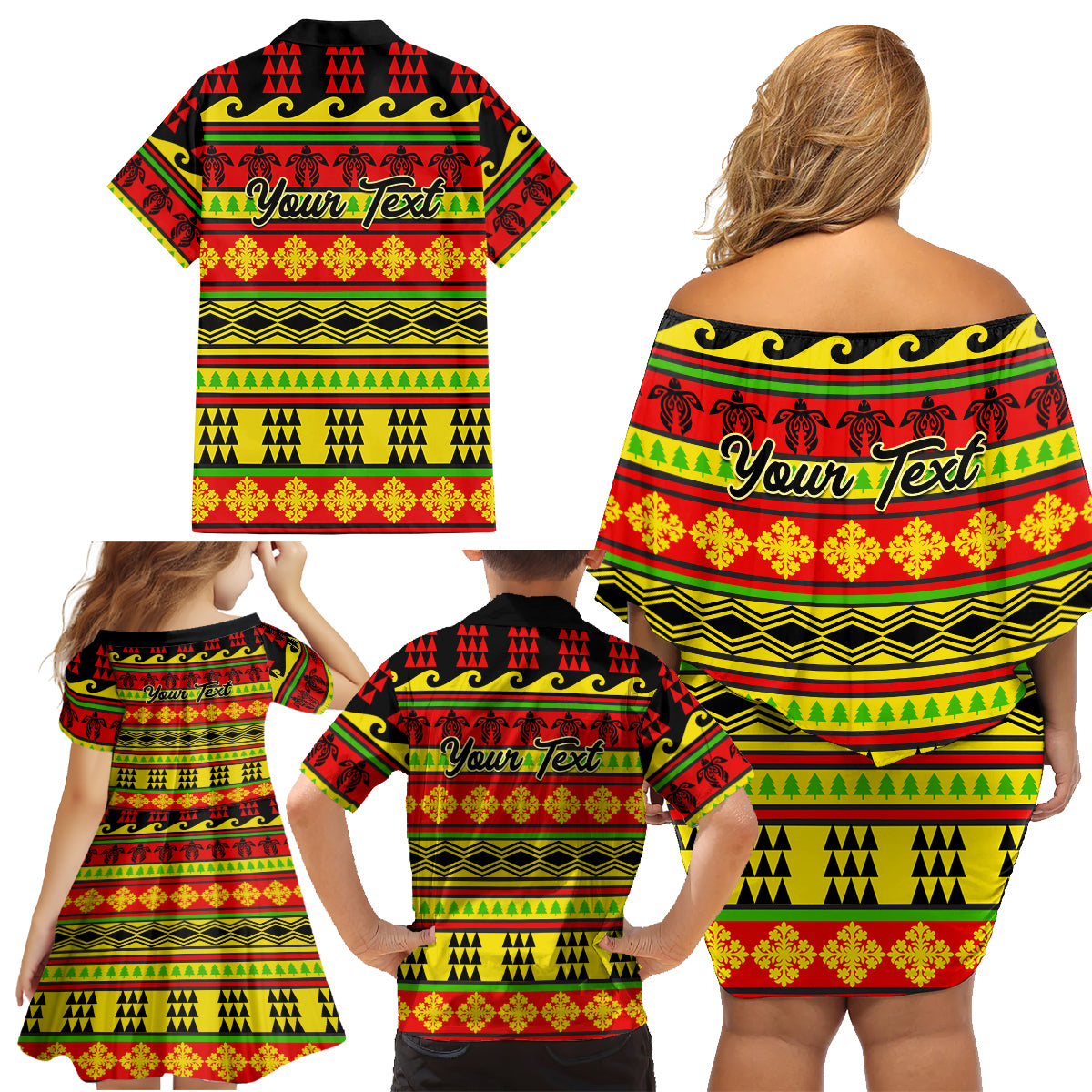 Custom Hawaii Christmas Family Matching Off Shoulder Short Dress and Hawaiian Shirt Hawaiian Quilt Pattern Reggae Version - Wonder Print Shop