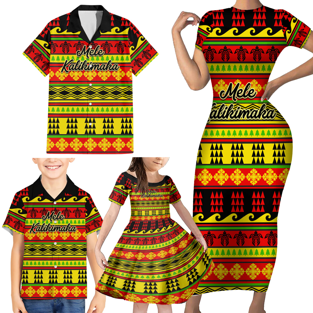 Custom Hawaii Christmas Family Matching Short Sleeve Bodycon Dress and Hawaiian Shirt Hawaiian Quilt Pattern Reggae Version - Wonder Print Shop