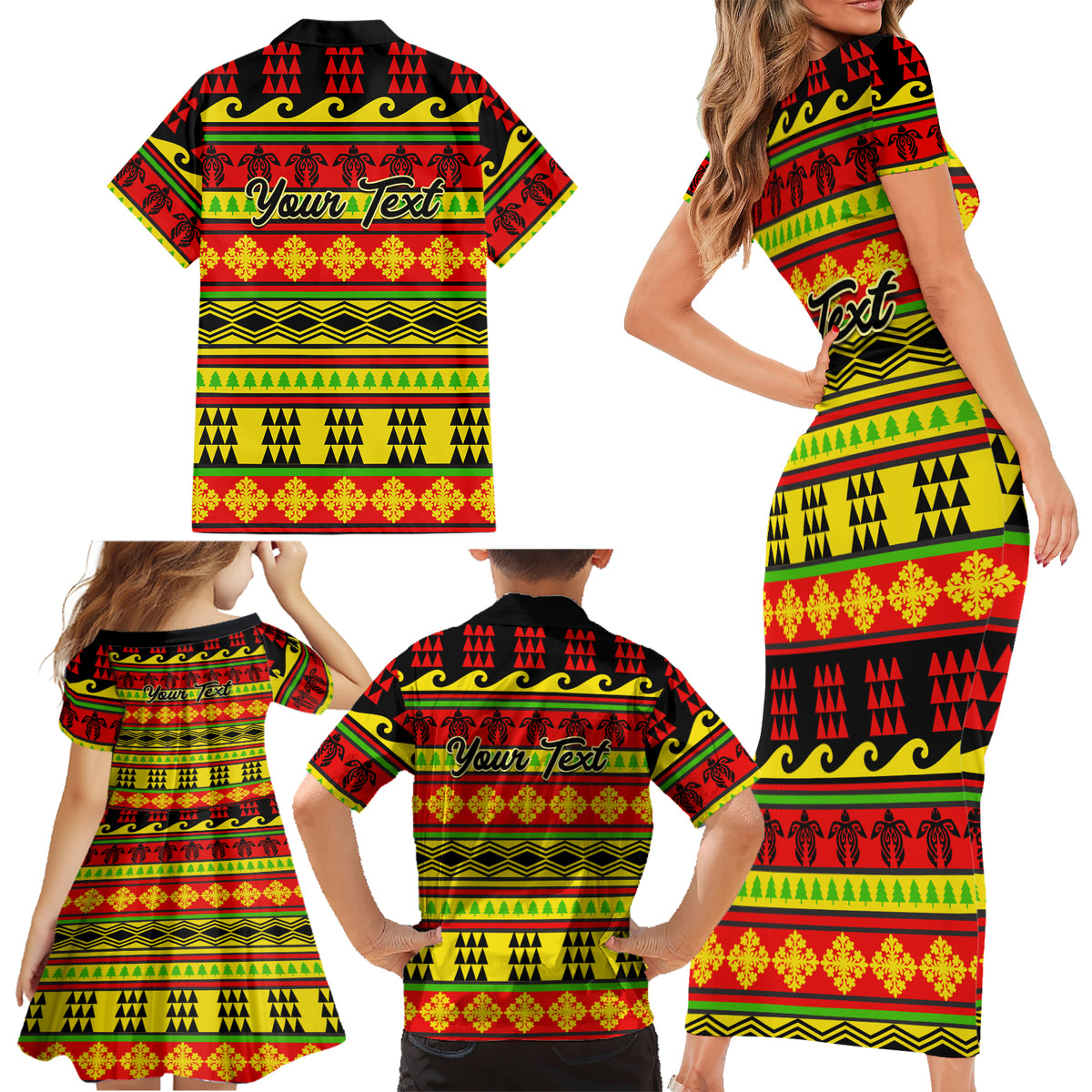 Custom Hawaii Christmas Family Matching Short Sleeve Bodycon Dress and Hawaiian Shirt Hawaiian Quilt Pattern Reggae Version - Wonder Print Shop