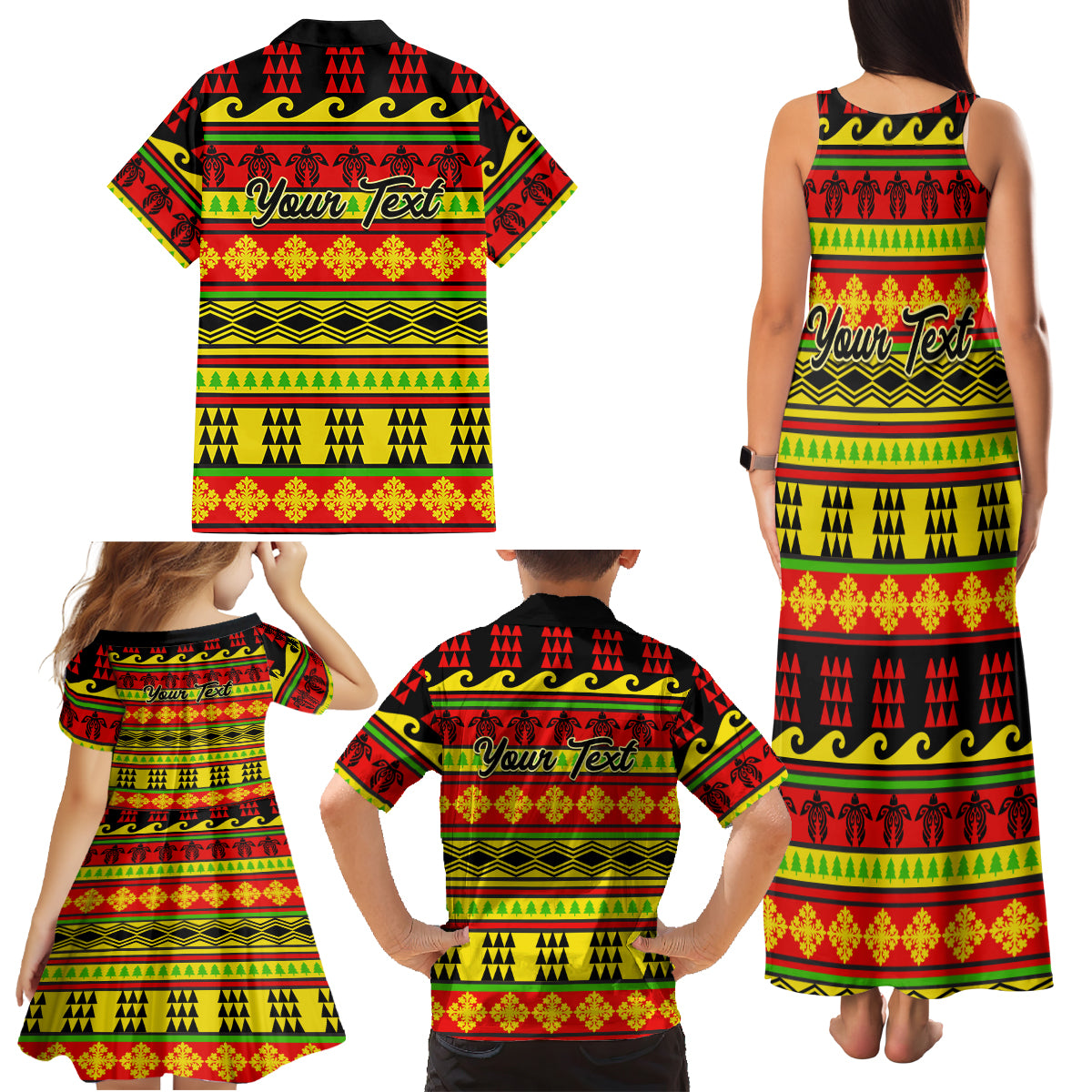 Custom Hawaii Christmas Family Matching Tank Maxi Dress and Hawaiian Shirt Hawaiian Quilt Pattern Reggae Version - Wonder Print Shop