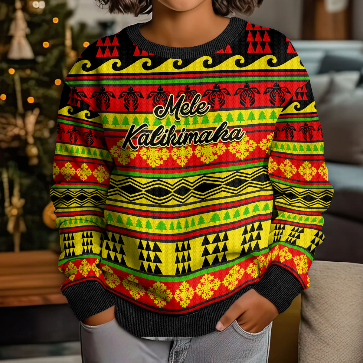 Personalised Hawaii Christmas Kid Ugly Christmas Sweater Hawaiian Quilt Pattern Reggae Version - Wonder Print Shop