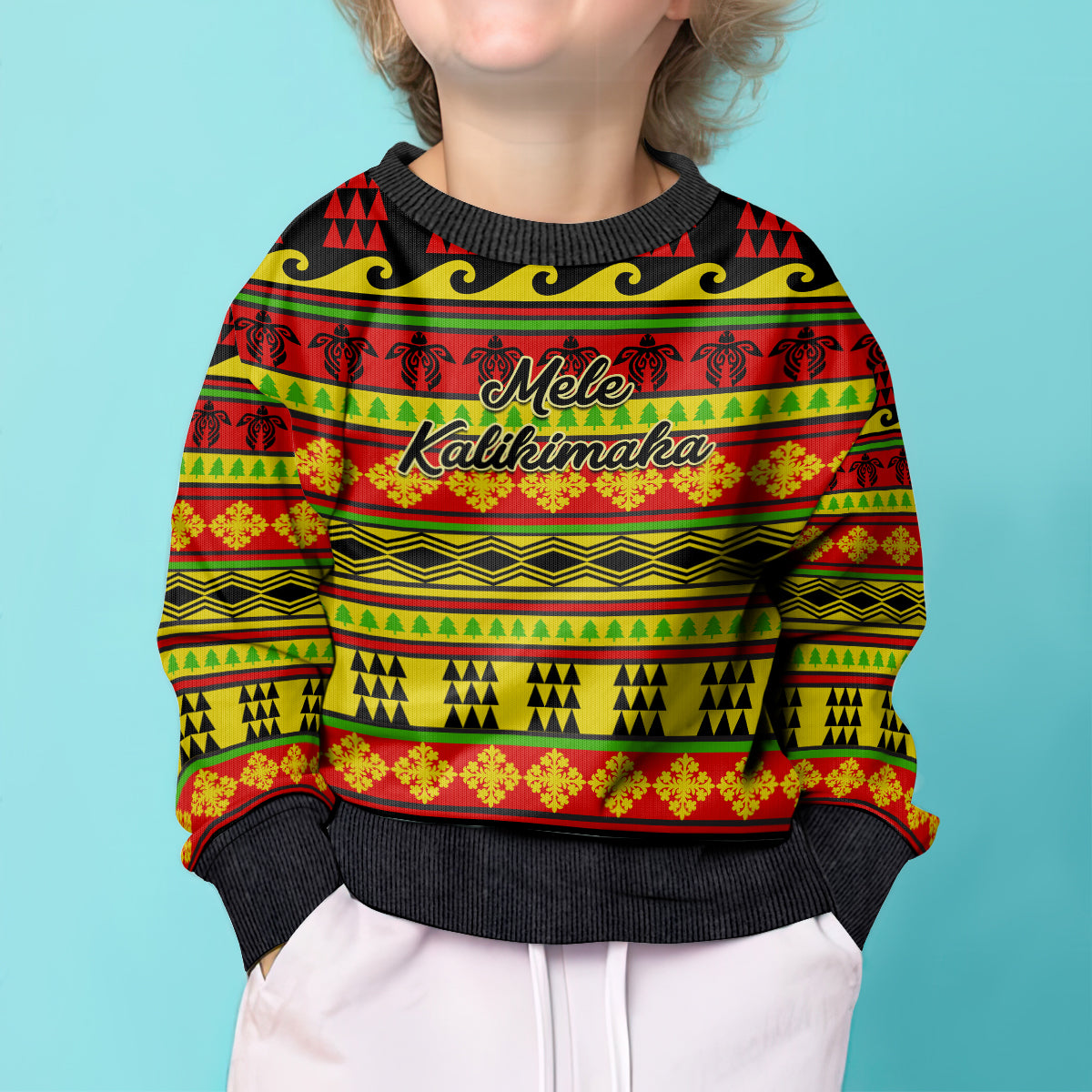 Personalised Hawaii Christmas Kid Ugly Christmas Sweater Hawaiian Quilt Pattern Reggae Version - Wonder Print Shop