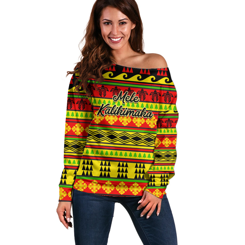 Custom Hawaii Christmas Off Shoulder Sweater Hawaiian Quilt Pattern Reggae Version - Wonder Print Shop