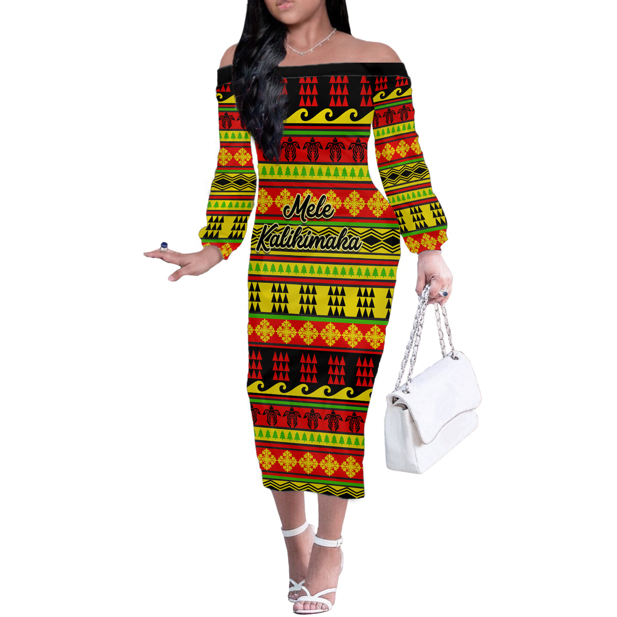 Custom Hawaii Christmas Off The Shoulder Long Sleeve Dress Hawaiian Quilt Pattern Reggae Version - Wonder Print Shop