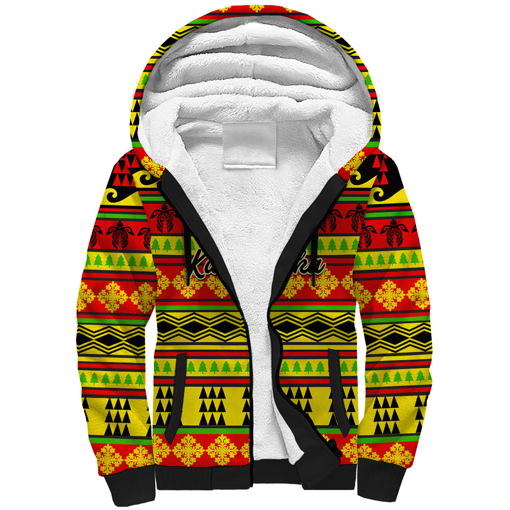 Custom Hawaii Christmas Sherpa Hoodie Hawaiian Quilt Pattern Reggae Version - Wonder Print Shop