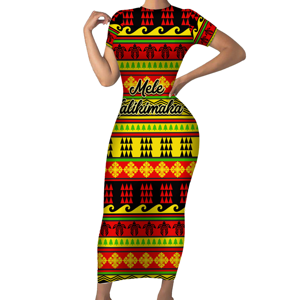 Custom Hawaii Christmas Short Sleeve Bodycon Dress Hawaiian Quilt Pattern Reggae Version - Wonder Print Shop