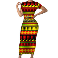 Custom Hawaii Christmas Short Sleeve Bodycon Dress Hawaiian Quilt Pattern Reggae Version - Wonder Print Shop
