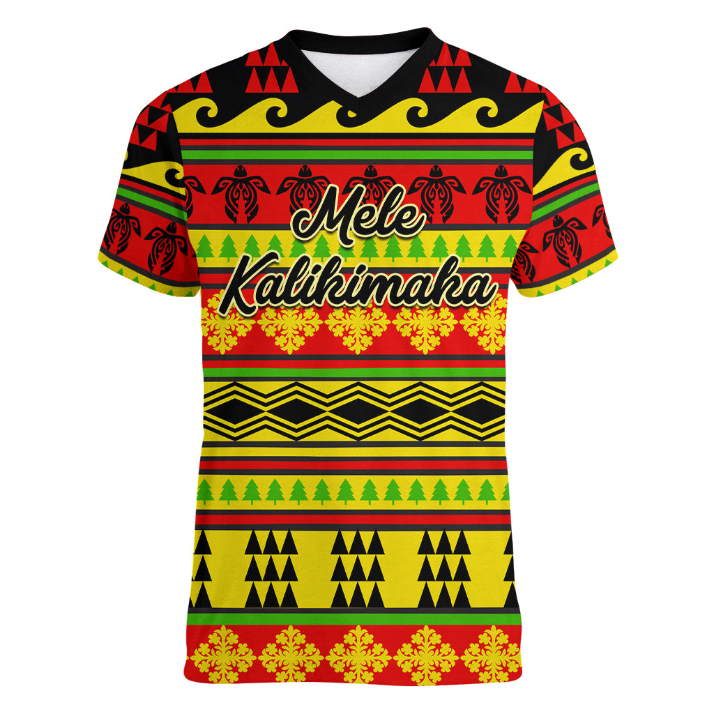 Custom Hawaii Christmas Women V Neck T Shirt Hawaiian Quilt Pattern Reggae Version - Wonder Print Shop