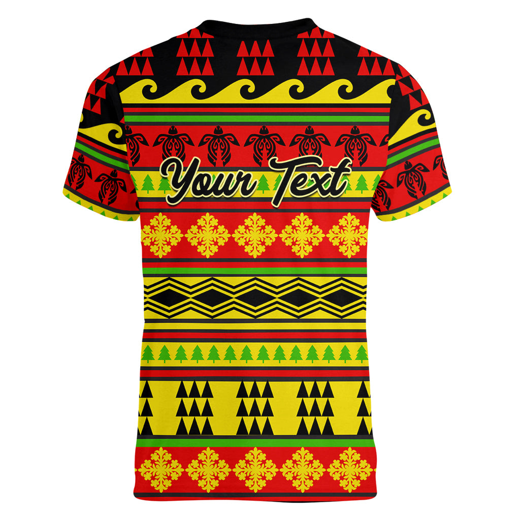 Custom Hawaii Christmas Women V Neck T Shirt Hawaiian Quilt Pattern Reggae Version - Wonder Print Shop