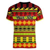 Custom Hawaii Christmas Women V Neck T Shirt Hawaiian Quilt Pattern Reggae Version - Wonder Print Shop