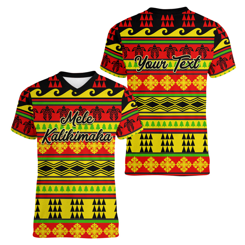 Custom Hawaii Christmas Women V Neck T Shirt Hawaiian Quilt Pattern Reggae Version - Wonder Print Shop