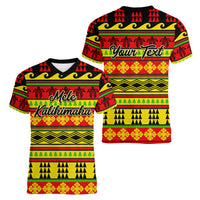 Custom Hawaii Christmas Women V Neck T Shirt Hawaiian Quilt Pattern Reggae Version - Wonder Print Shop