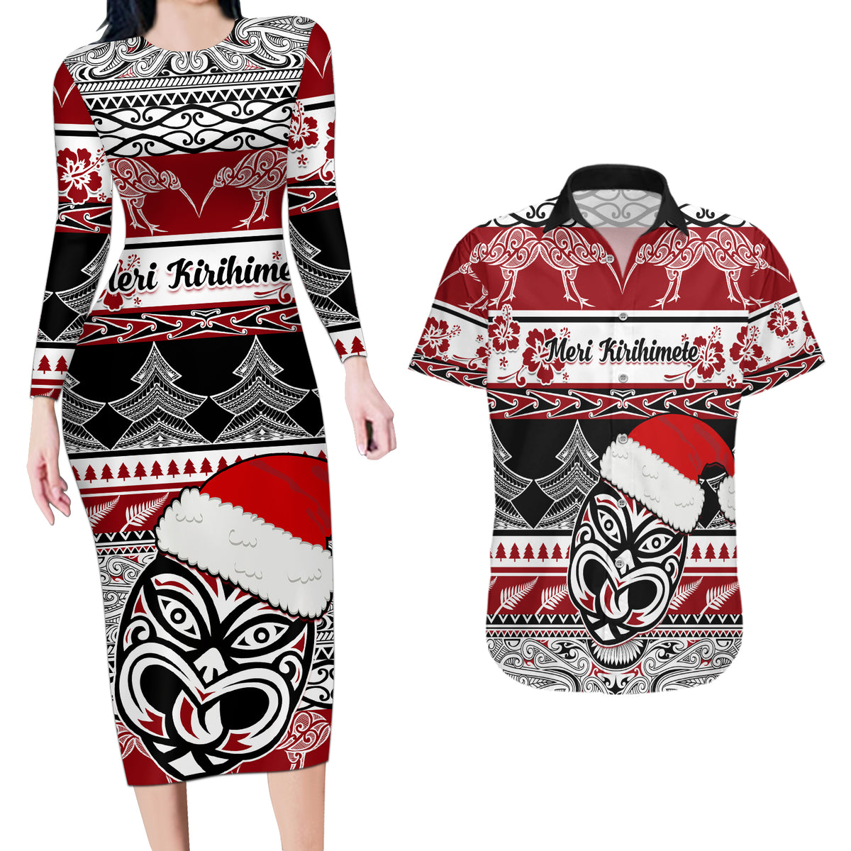 Custom New Zealand Christmas Couples Matching Long Sleeve Bodycon Dress and Hawaiian Shirt Maori Meri Kirihimete Moko - Wonder Print Shop