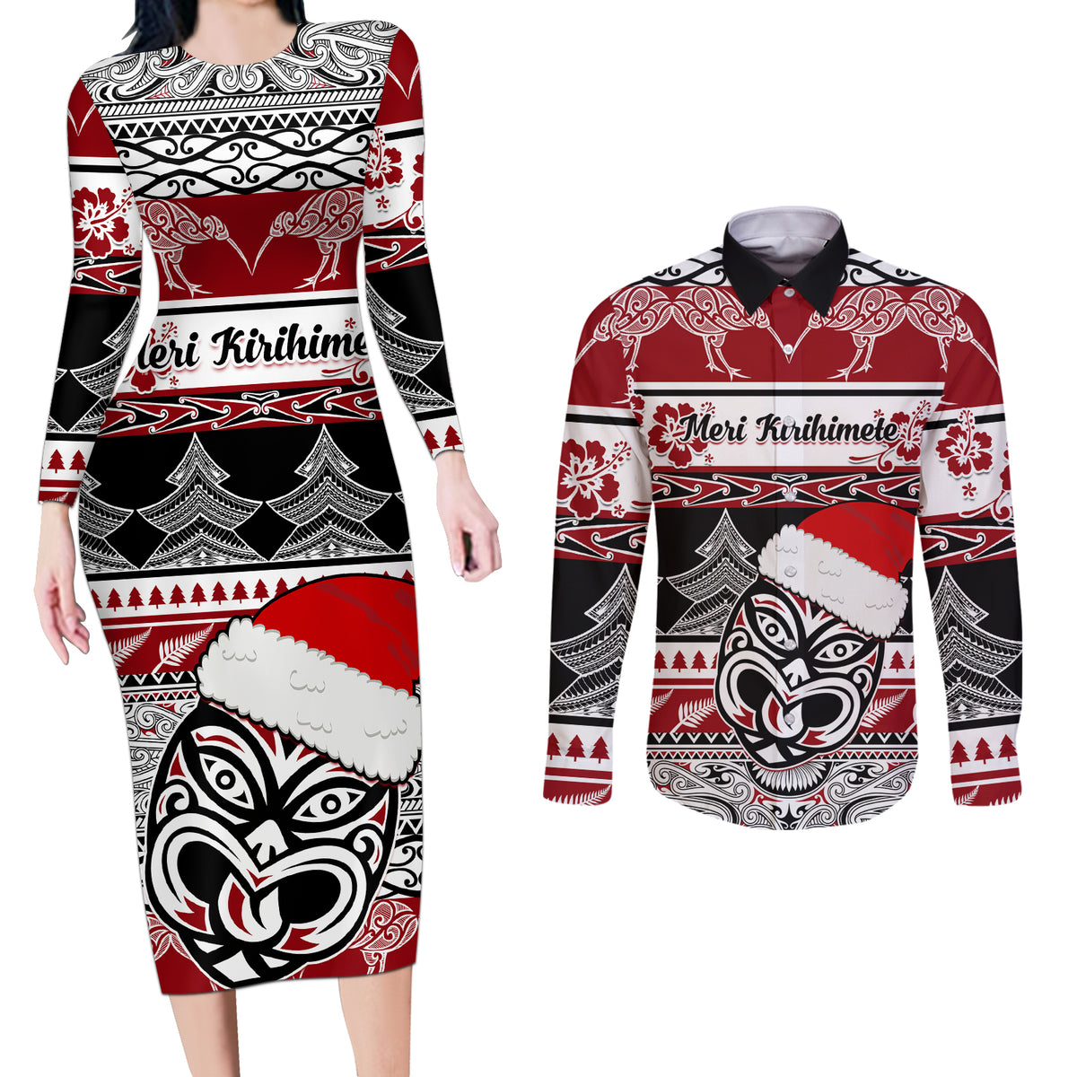 Custom New Zealand Christmas Couples Matching Long Sleeve Bodycon Dress and Long Sleeve Button Shirt Maori Meri Kirihimete Moko - Wonder Print Shop