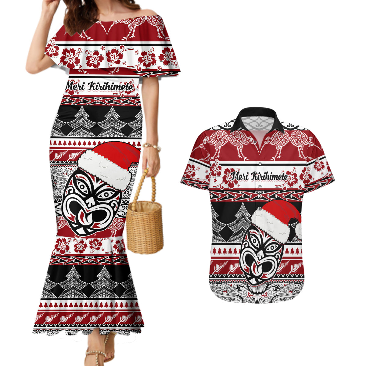Custom New Zealand Christmas Couples Matching Mermaid Dress and Hawaiian Shirt Maori Meri Kirihimete Moko - Wonder Print Shop