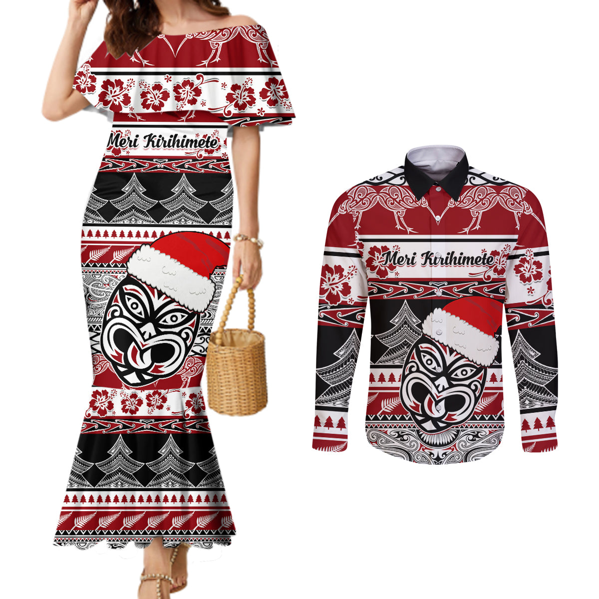custom-new-zealand-christmas-couples-matching-mermaid-dress-and-long-sleeve-button-shirt-maori-meri-kirihimete-moko