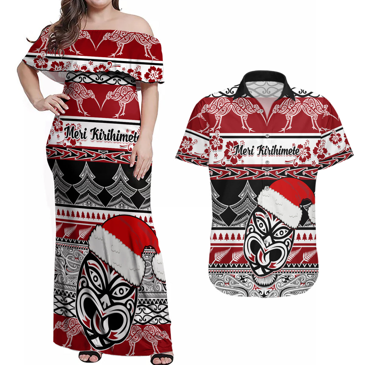 Custom New Zealand Christmas Couples Matching Off Shoulder Maxi Dress and Hawaiian Shirt Maori Meri Kirihimete Moko - Wonder Print Shop