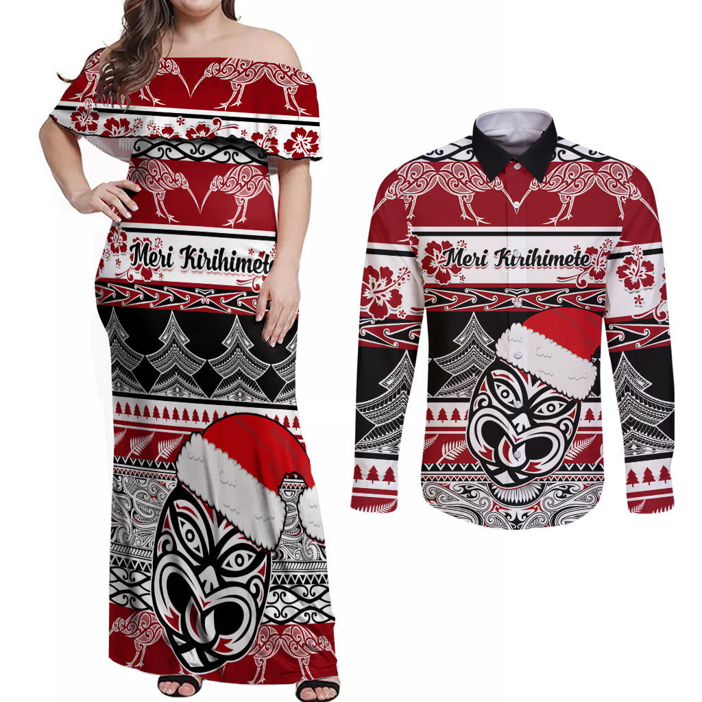 Custom New Zealand Christmas Couples Matching Off Shoulder Maxi Dress and Long Sleeve Button Shirt Maori Meri Kirihimete Moko - Wonder Print Shop