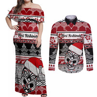 Custom New Zealand Christmas Couples Matching Off Shoulder Maxi Dress and Long Sleeve Button Shirt Maori Meri Kirihimete Moko - Wonder Print Shop