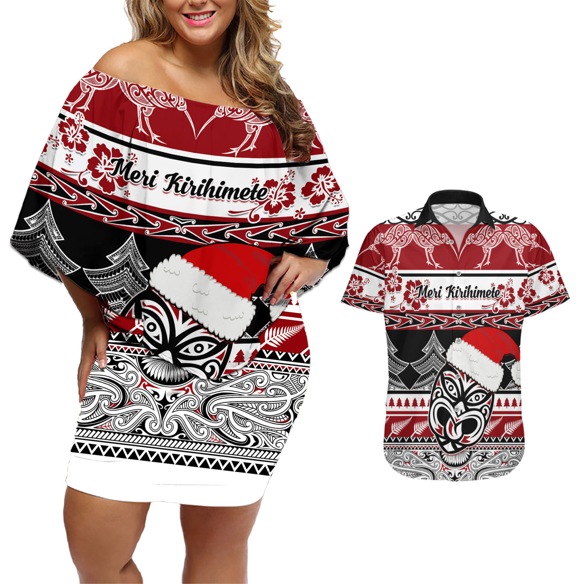 Custom New Zealand Christmas Couples Matching Off Shoulder Short Dress and Hawaiian Shirt Maori Meri Kirihimete Moko - Wonder Print Shop