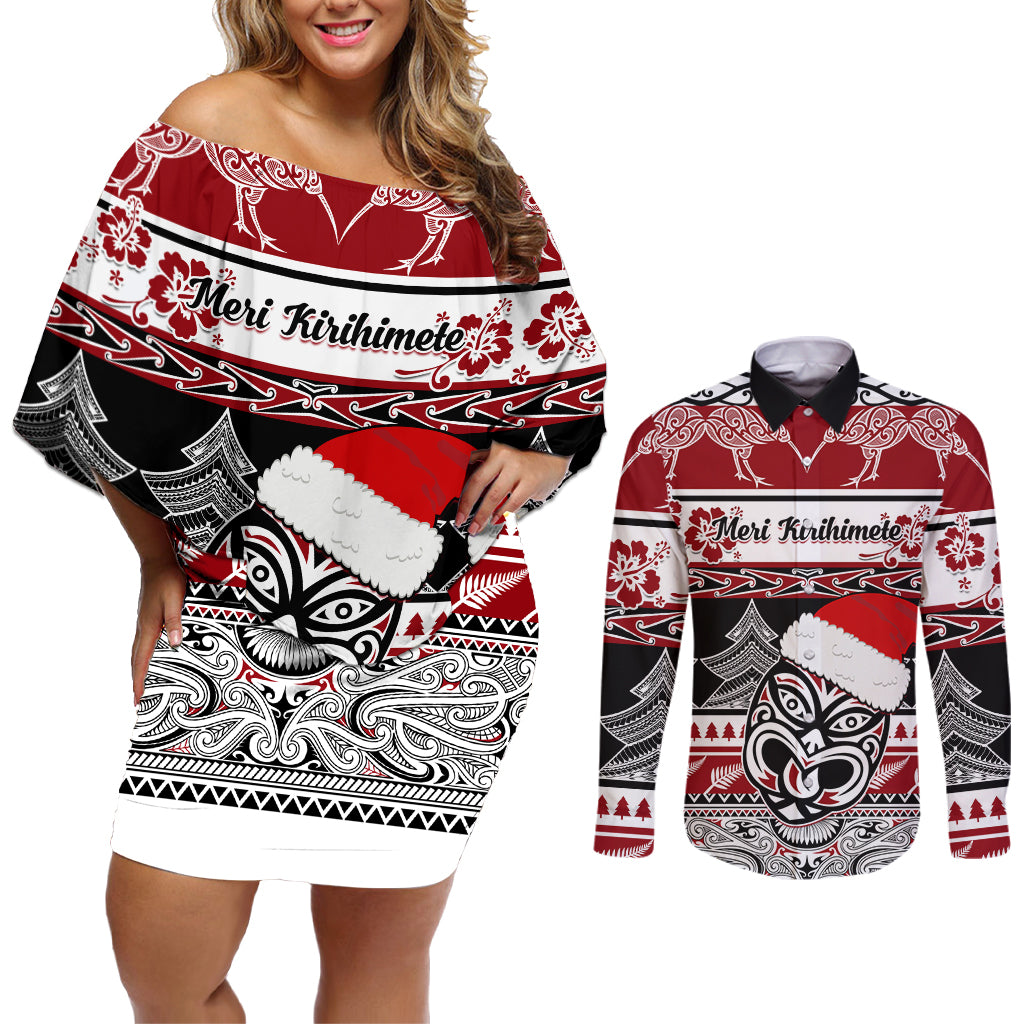 Custom New Zealand Christmas Couples Matching Off Shoulder Short Dress and Long Sleeve Button Shirt Maori Meri Kirihimete Moko - Wonder Print Shop