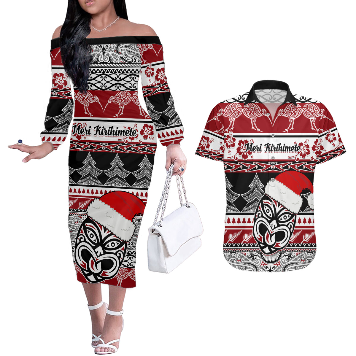 Custom New Zealand Christmas Couples Matching Off The Shoulder Long Sleeve Dress and Hawaiian Shirt Maori Meri Kirihimete Moko - Wonder Print Shop