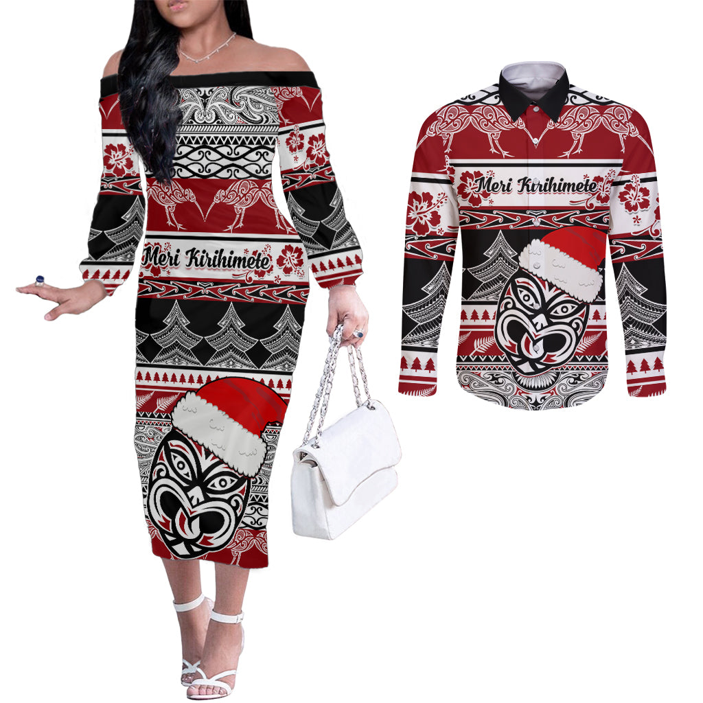 custom-new-zealand-christmas-couples-matching-off-the-shoulder-long-sleeve-dress-and-long-sleeve-button-shirt-maori-meri-kirihimete-moko