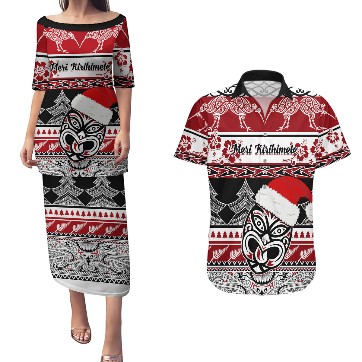 Custom New Zealand Christmas Couples Matching Puletasi Dress and Hawaiian Shirt Maori Meri Kirihimete Moko - Wonder Print Shop