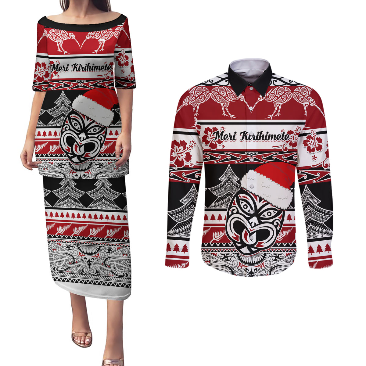 Custom New Zealand Christmas Couples Matching Puletasi Dress and Long Sleeve Button Shirt Maori Meri Kirihimete Moko - Wonder Print Shop