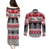 Custom New Zealand Christmas Couples Matching Puletasi Dress and Long Sleeve Button Shirt Maori Meri Kirihimete Moko - Wonder Print Shop