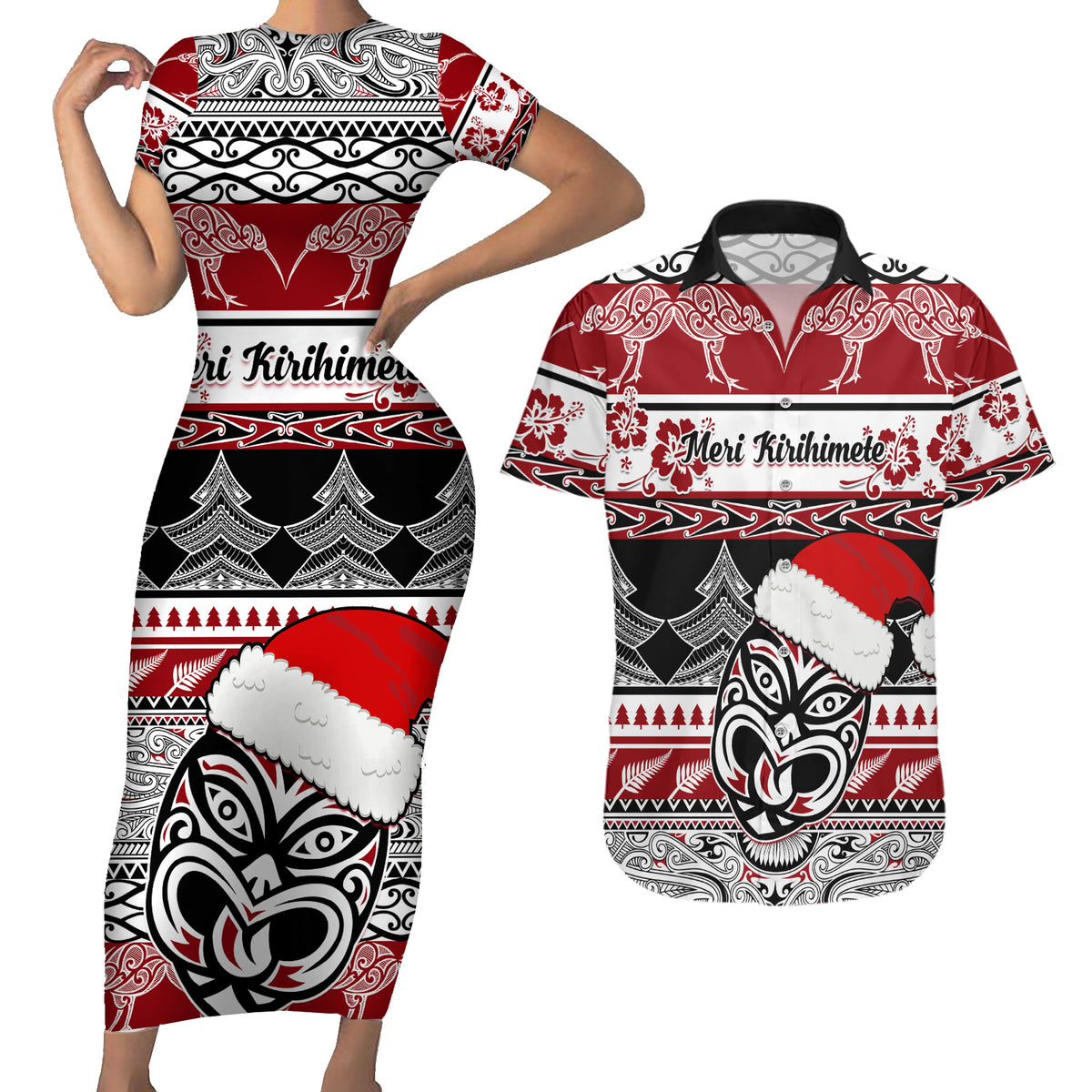 Custom New Zealand Christmas Couples Matching Short Sleeve Bodycon Dress and Hawaiian Shirt Maori Meri Kirihimete Moko - Wonder Print Shop