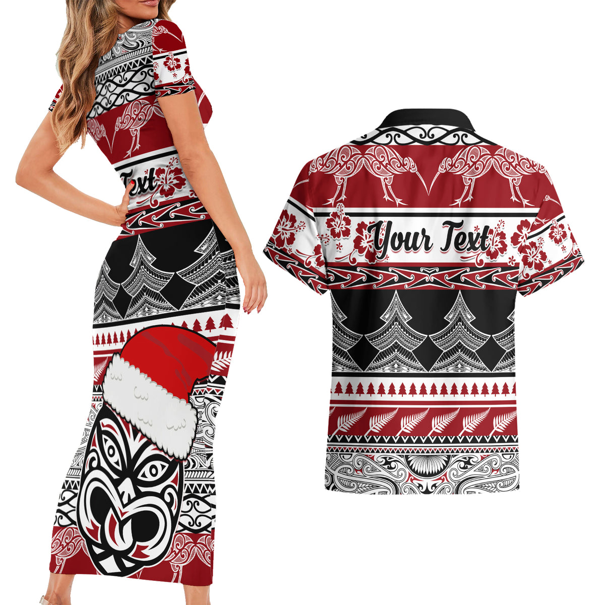 Custom New Zealand Christmas Couples Matching Short Sleeve Bodycon Dress and Hawaiian Shirt Maori Meri Kirihimete Moko - Wonder Print Shop