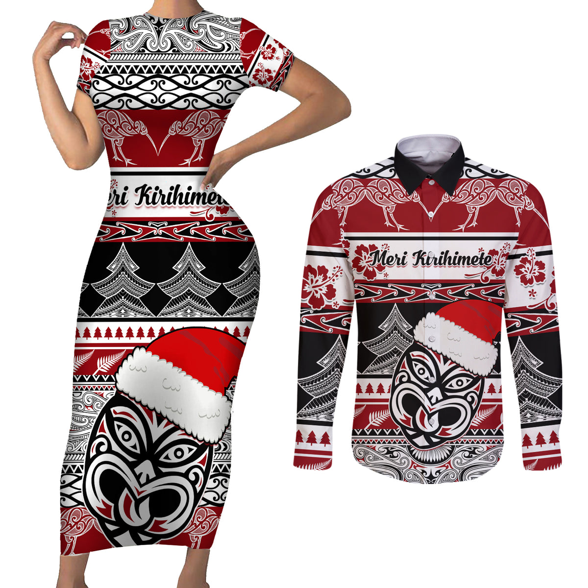 Custom New Zealand Christmas Couples Matching Short Sleeve Bodycon Dress and Long Sleeve Button Shirt Maori Meri Kirihimete Moko - Wonder Print Shop