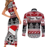 Custom New Zealand Christmas Couples Matching Short Sleeve Bodycon Dress and Long Sleeve Button Shirt Maori Meri Kirihimete Moko - Wonder Print Shop