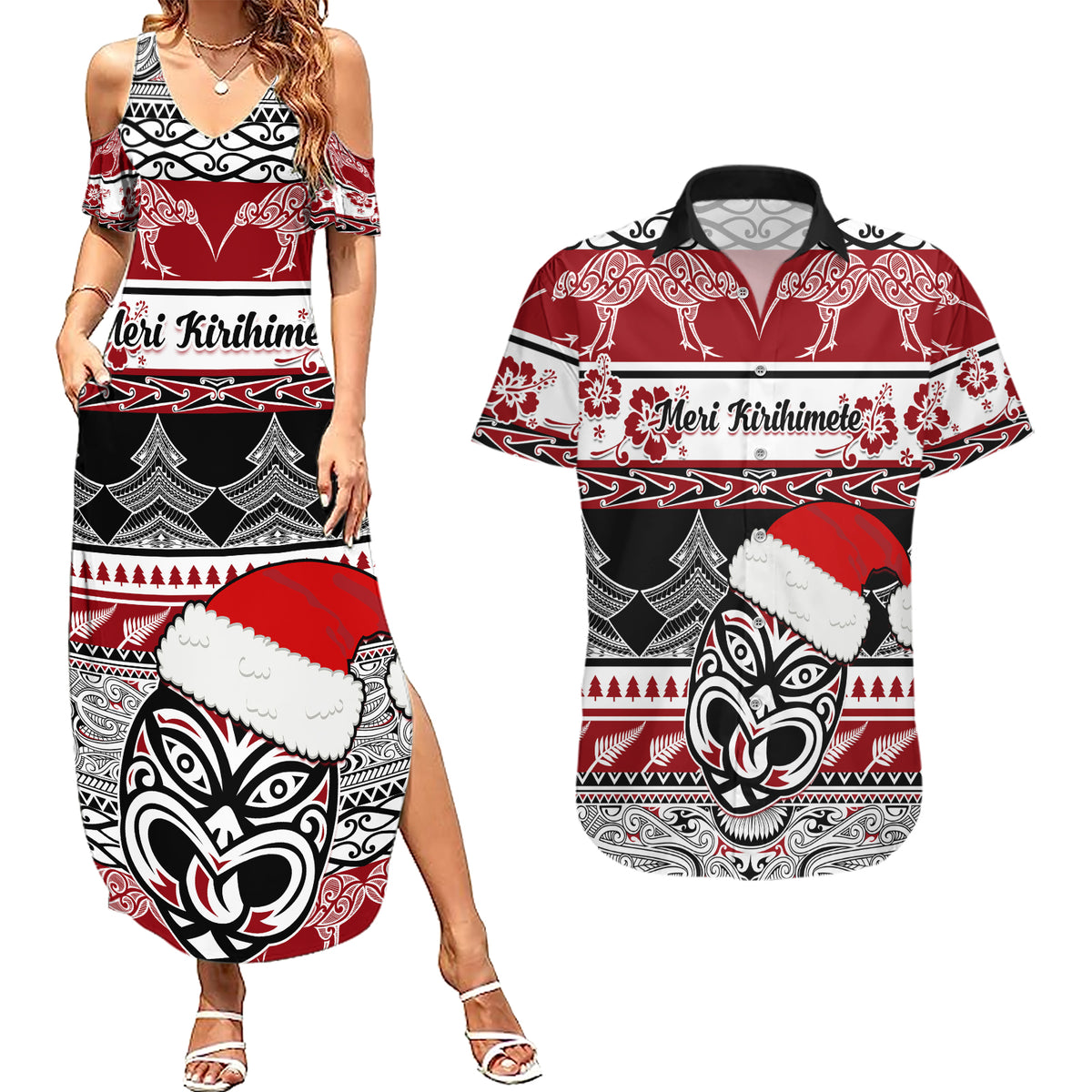 Custom New Zealand Christmas Couples Matching Summer Maxi Dress and Hawaiian Shirt Maori Meri Kirihimete Moko - Wonder Print Shop