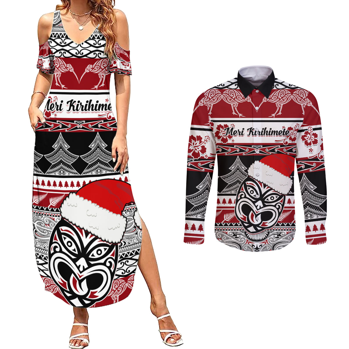 Custom New Zealand Christmas Couples Matching Summer Maxi Dress and Long Sleeve Button Shirt Maori Meri Kirihimete Moko - Wonder Print Shop