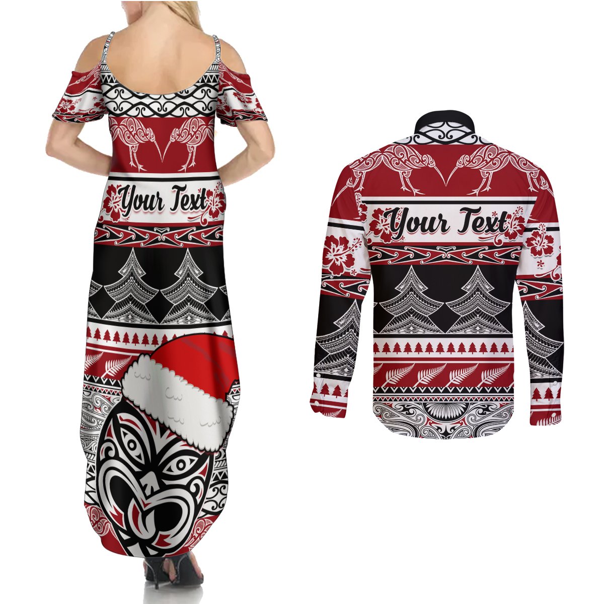 Custom New Zealand Christmas Couples Matching Summer Maxi Dress and Long Sleeve Button Shirt Maori Meri Kirihimete Moko - Wonder Print Shop