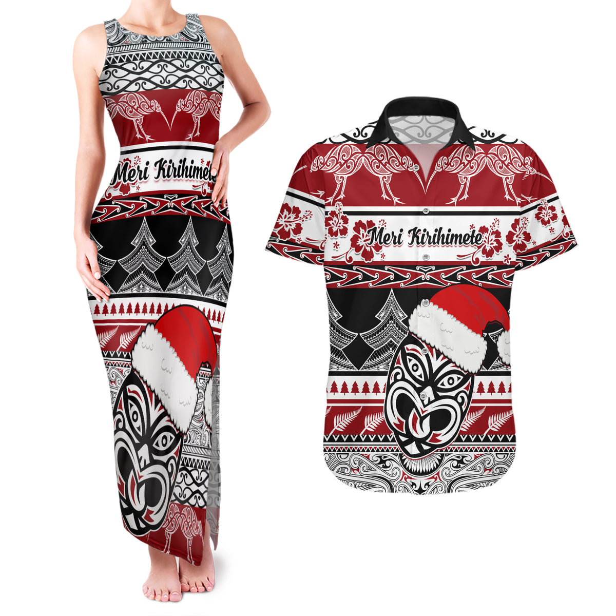 Custom New Zealand Christmas Couples Matching Tank Maxi Dress and Hawaiian Shirt Maori Meri Kirihimete Moko - Wonder Print Shop