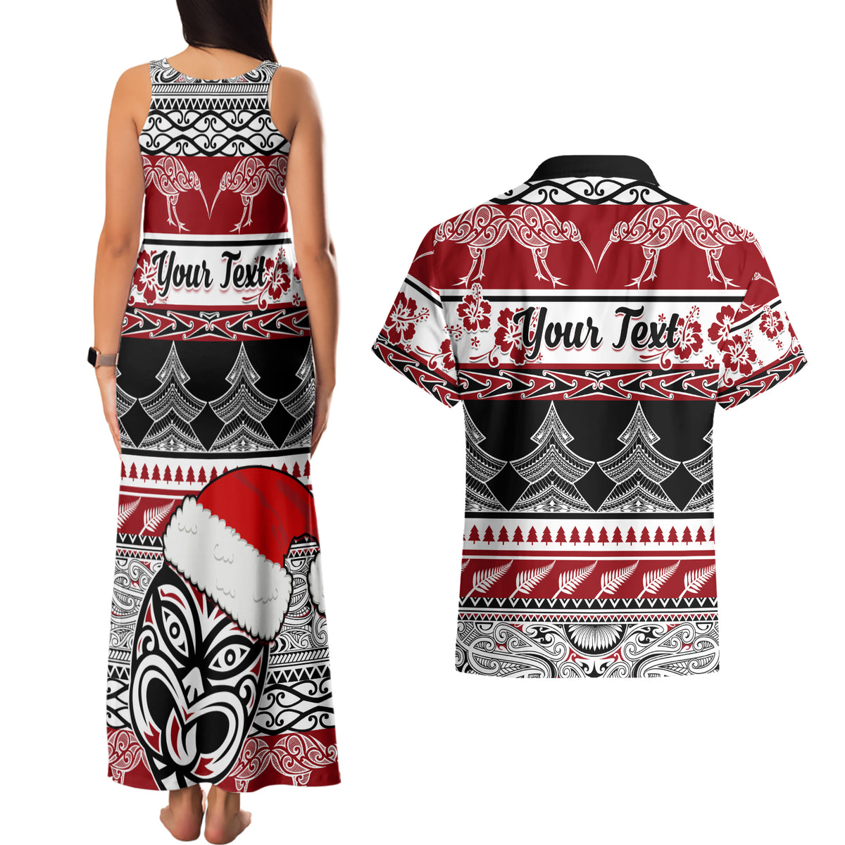 Custom New Zealand Christmas Couples Matching Tank Maxi Dress and Hawaiian Shirt Maori Meri Kirihimete Moko - Wonder Print Shop