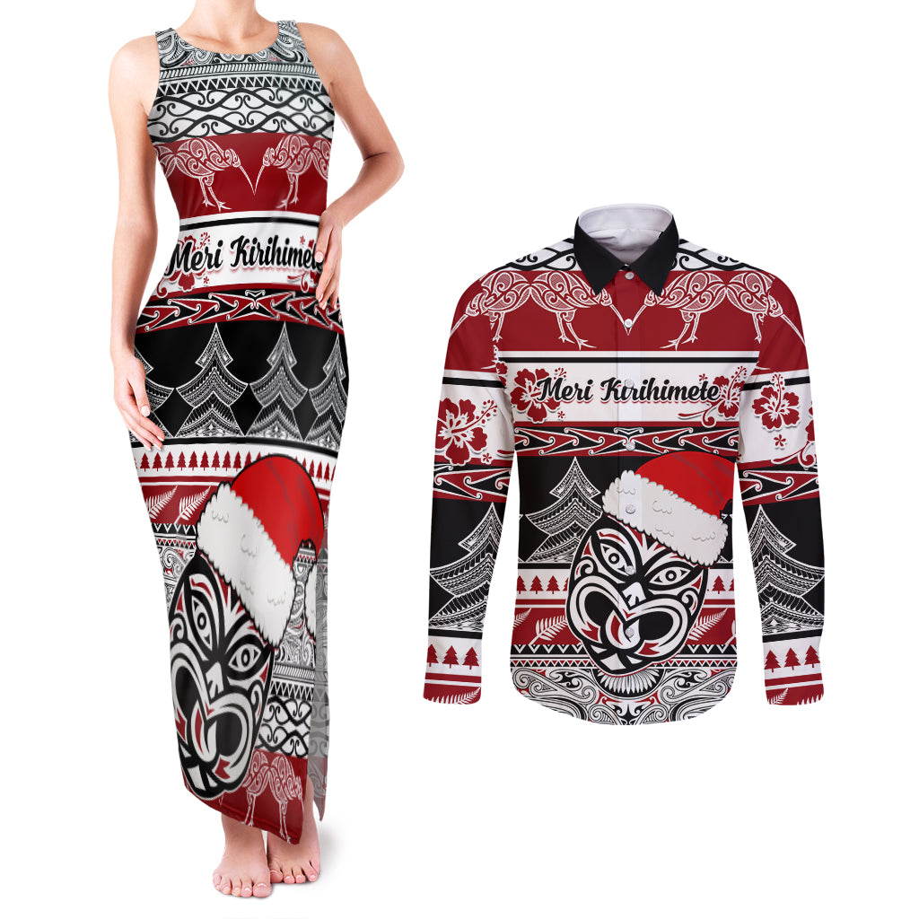 Custom New Zealand Christmas Couples Matching Tank Maxi Dress and Long Sleeve Button Shirt Maori Meri Kirihimete Moko - Wonder Print Shop
